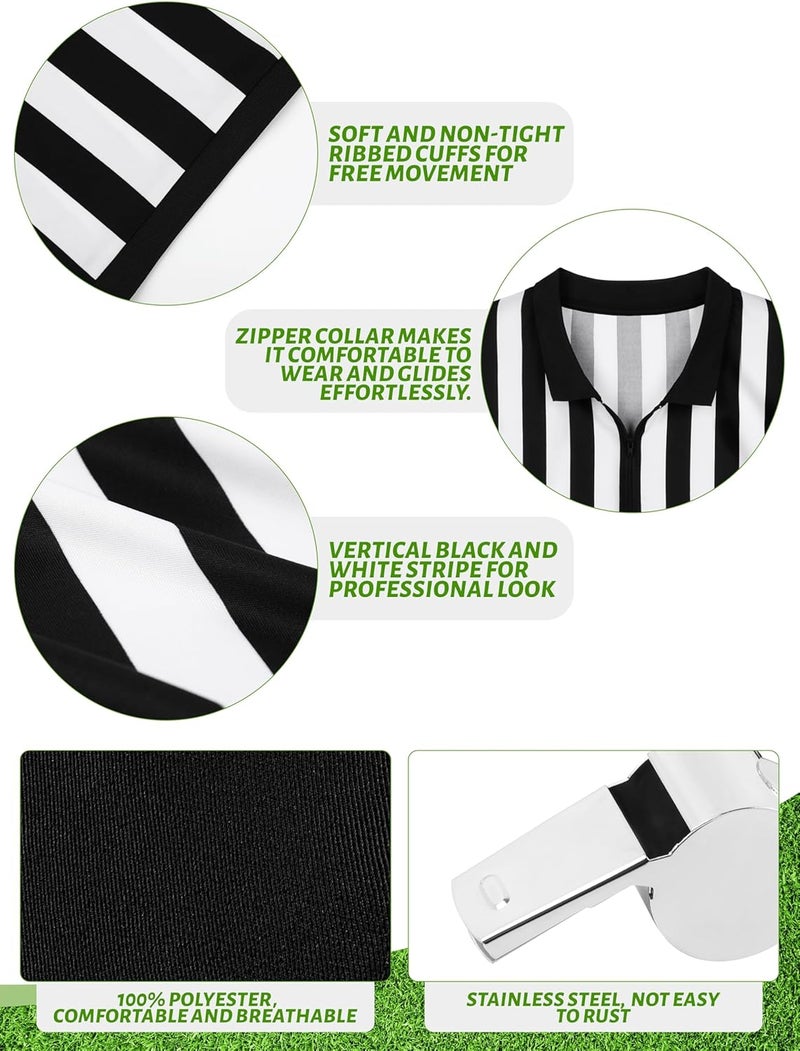 FancyFun Store 4 Pcs Referee Shirt, Ref Shirt Zipper Collar Referee Costume Men Women Ref Whistle Hat Penalty Flag for Football Soccer - Image 3